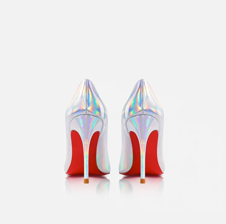 Escarpins femme luxe cuir, talons aiguilles bout pointu, rouge brillant et blanc .