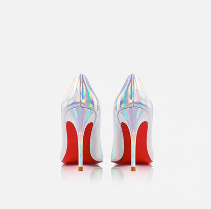 Escarpins femme luxe cuir, talons aiguilles bout pointu, rouge brillant et blanc .