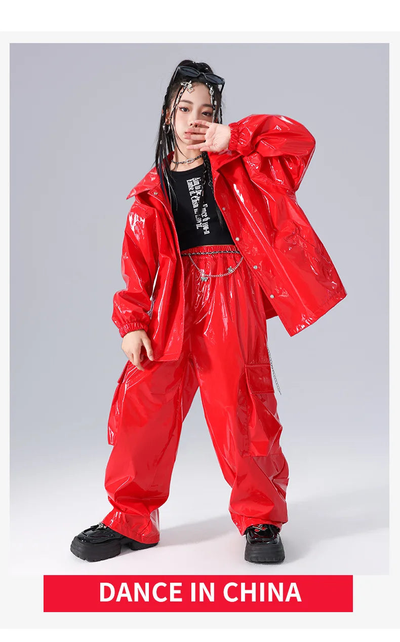 Costume Danse Jazz Garçon Filles, Pantalon Cuir Brillant Rouge, Streetwear Hip Hop Scène .