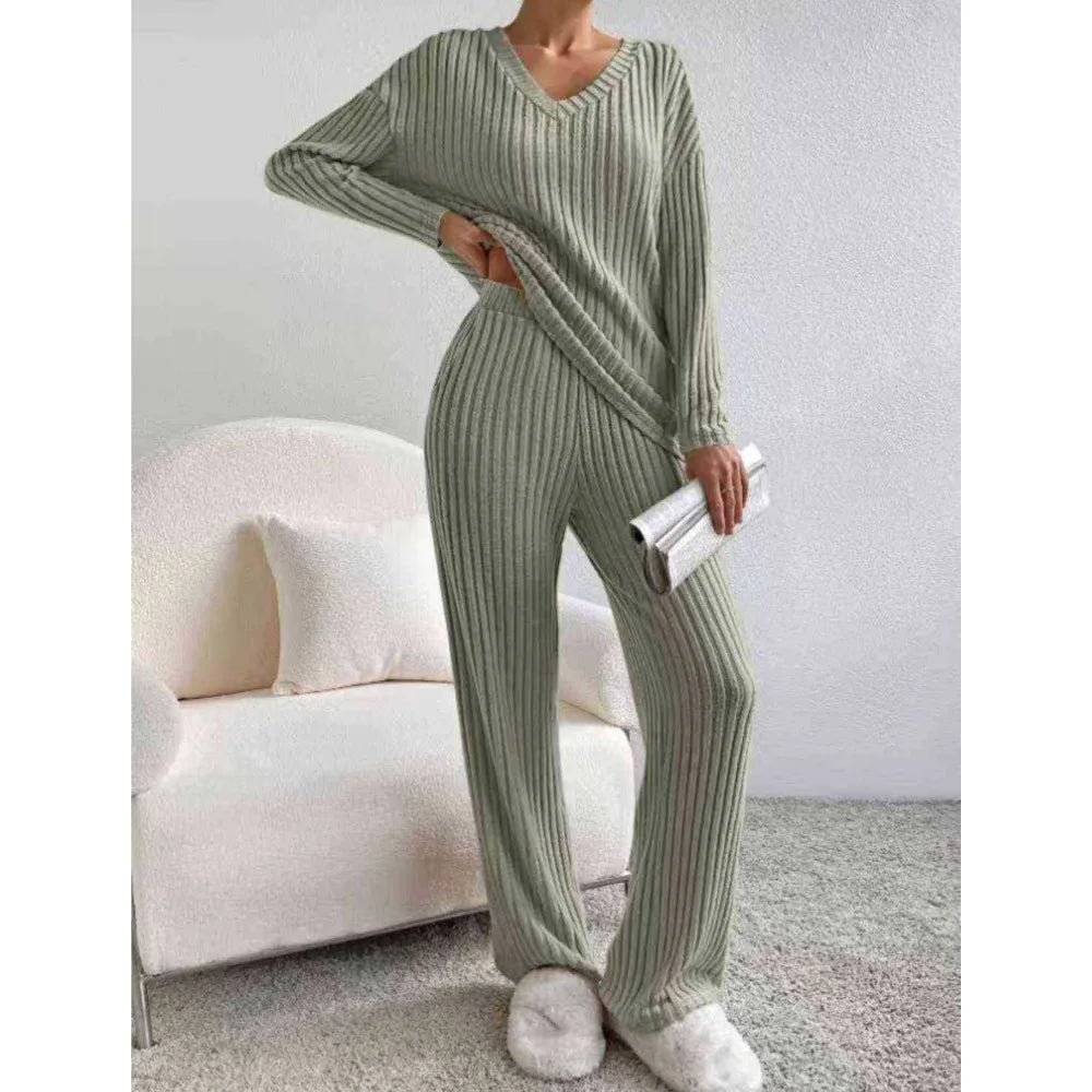 Set Vêtements Femme Automne-Hiver – Ensemble Rayé 2 Pièces, Haut Col V & Pantalon Confort
