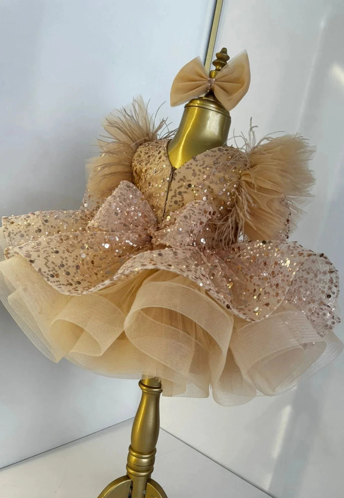 Robe à fleurs dorées fille﻿– bouffante brillante avec noeud, mariage, anniversaire, communion