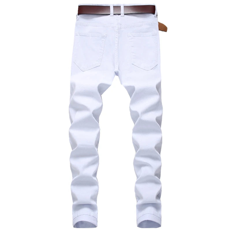 Jean Homme Destroy Droit, Pantalon Denim Blanc Grande Taille 28-42, Marque Mode .