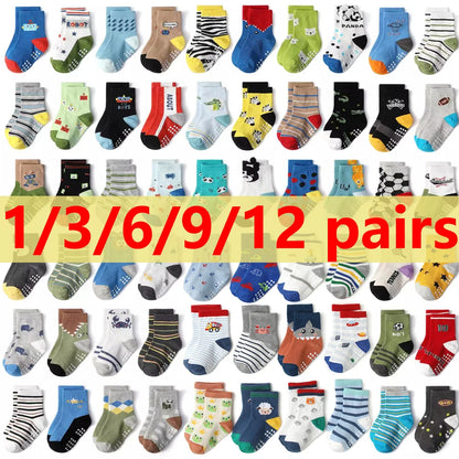 Chaussettes coton enfant/bébé – antidérapantes, respirantes, dessins animés (lot 1‑12 paires)