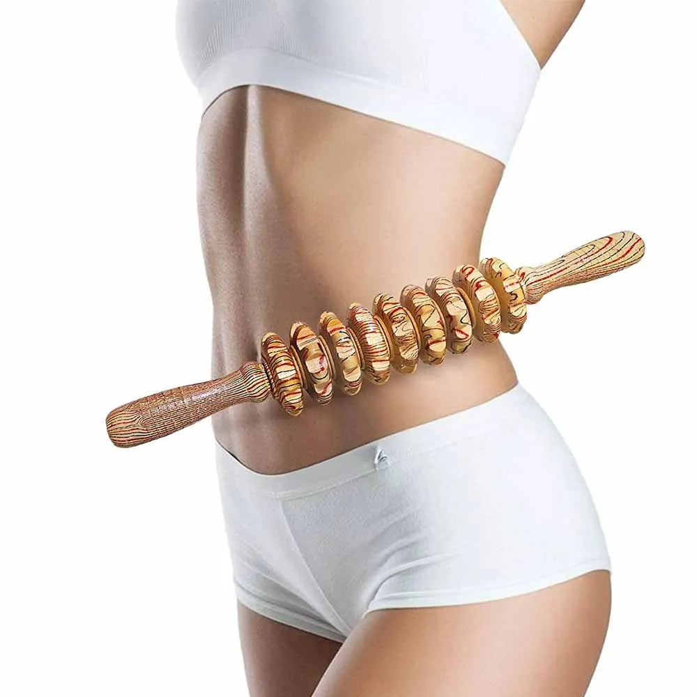 Rouleau de Massage Bois – 9 Rouleaux, Anti-Cellulite, Douleur Musculaire