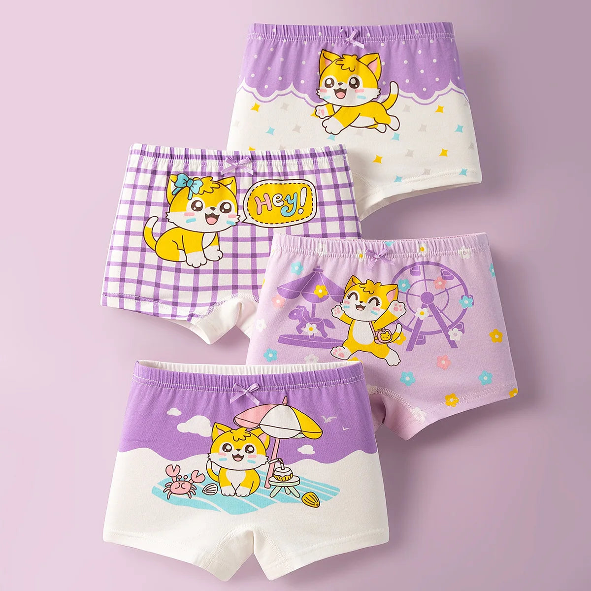 Lot 4 pièces culottes coton fille – Motifs dessin animé doux et confortables