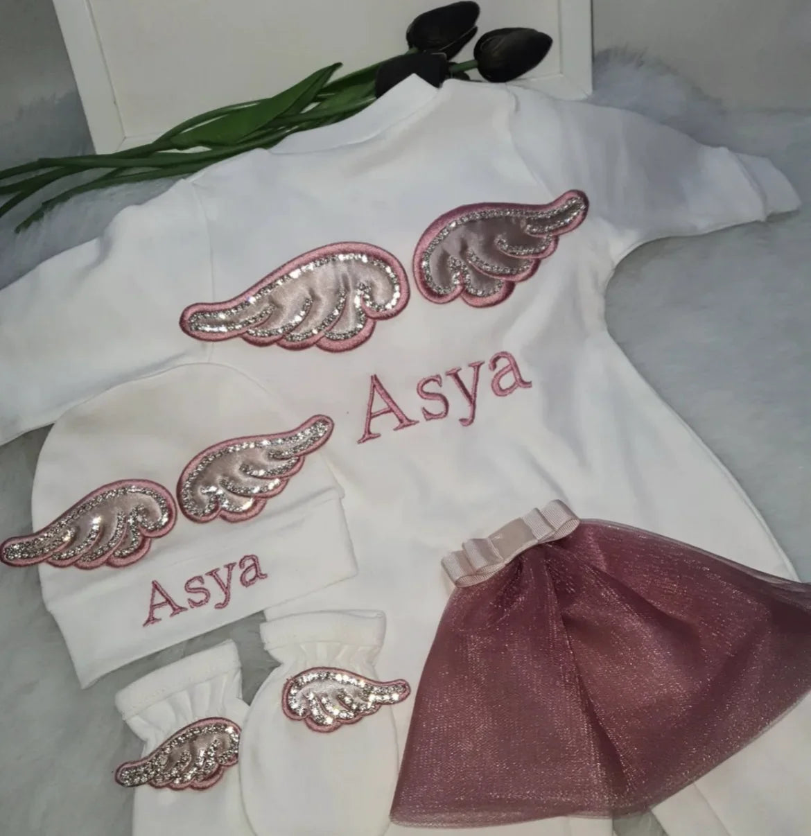 Barboteuse Bébé Jetable avec Nom, Ailes d'Ange, Sortie de Maternité .