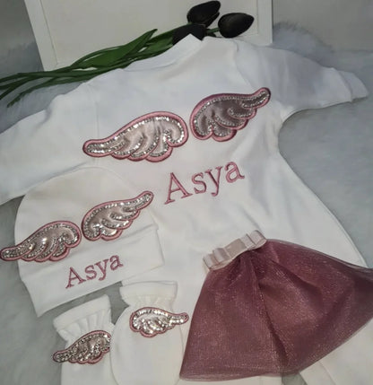 Barboteuse Bébé Jetable avec Nom, Ailes d'Ange, Sortie de Maternité .