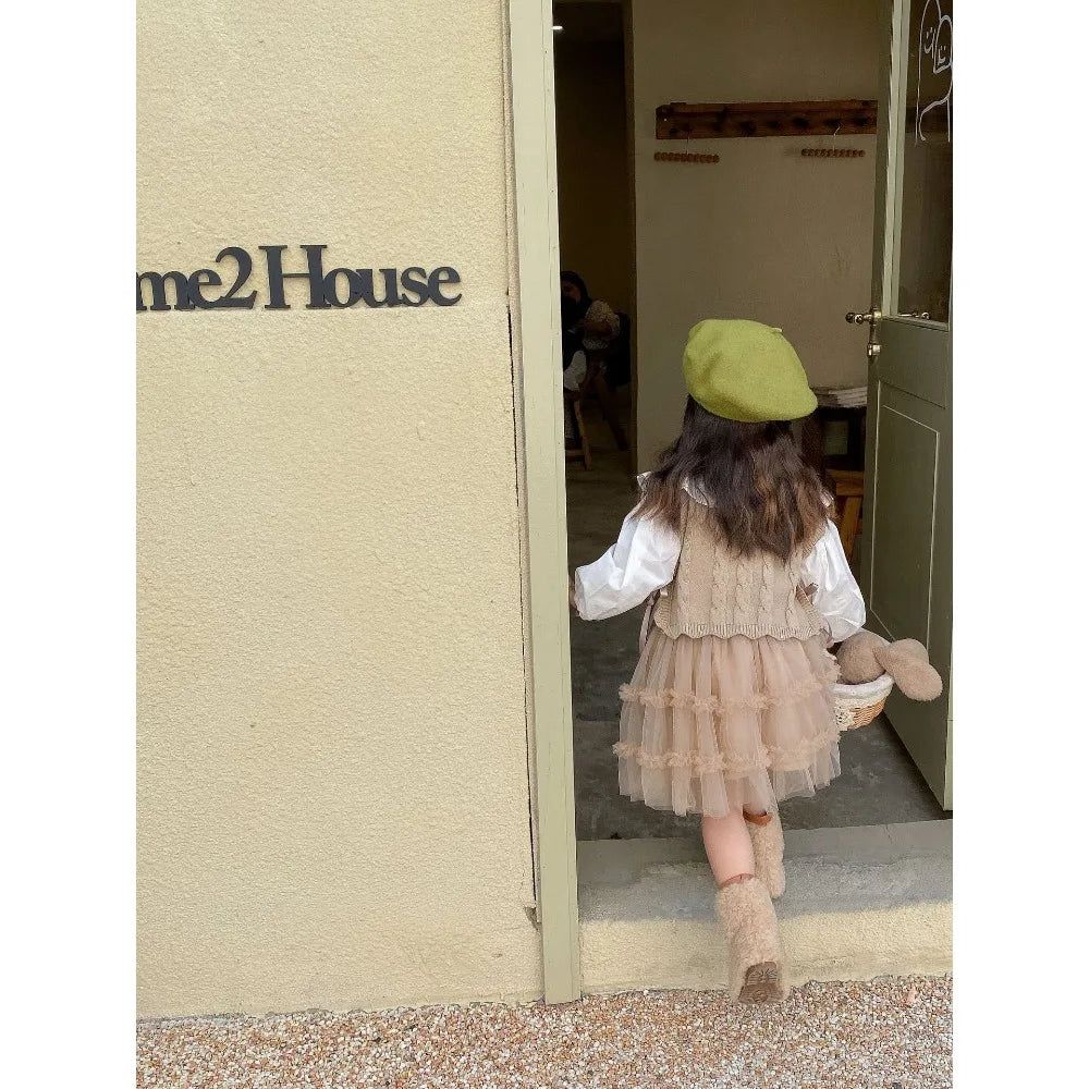 Gilet tricoté fille – sans manches, mode printemps/automne, 1‑7 ans