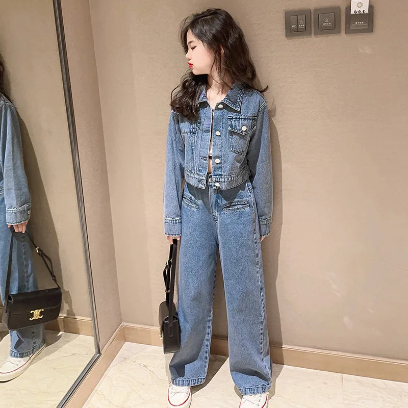 Pantalon Denim Jambes Larges Filles, Style Coréen, Printemps/Automne , 2 Pièces .