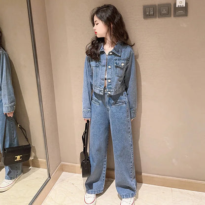 Pantalon Denim Jambes Larges Filles, Style Coréen, Printemps/Automne , 2 Pièces .