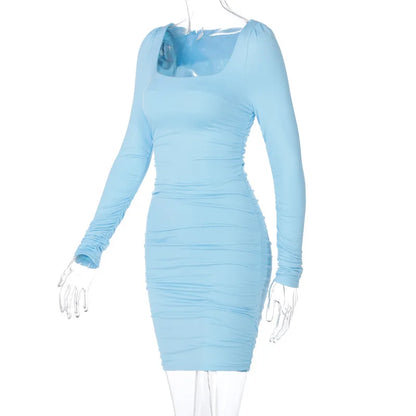 Robe moulante femme – mini, col carré, manches longues, unie, sexy soirée/club