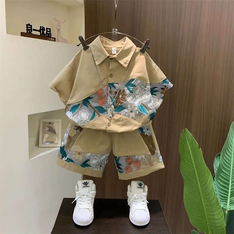 Ensemble été garçon – chemise manches courtes, haut + bas, 7-14 ans