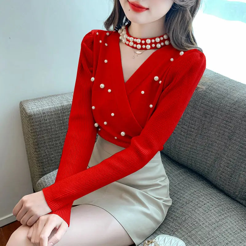 Pulls tricot irrégulier femme col V﻿– brodé, ajouré, évasé, mode automne hiver