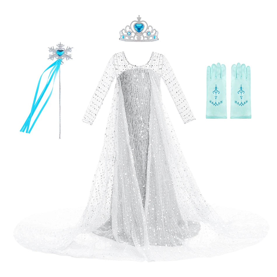 Robe princesse fille – Paillettes, Elsa cosplay, robe blanche, Noël, carnaval