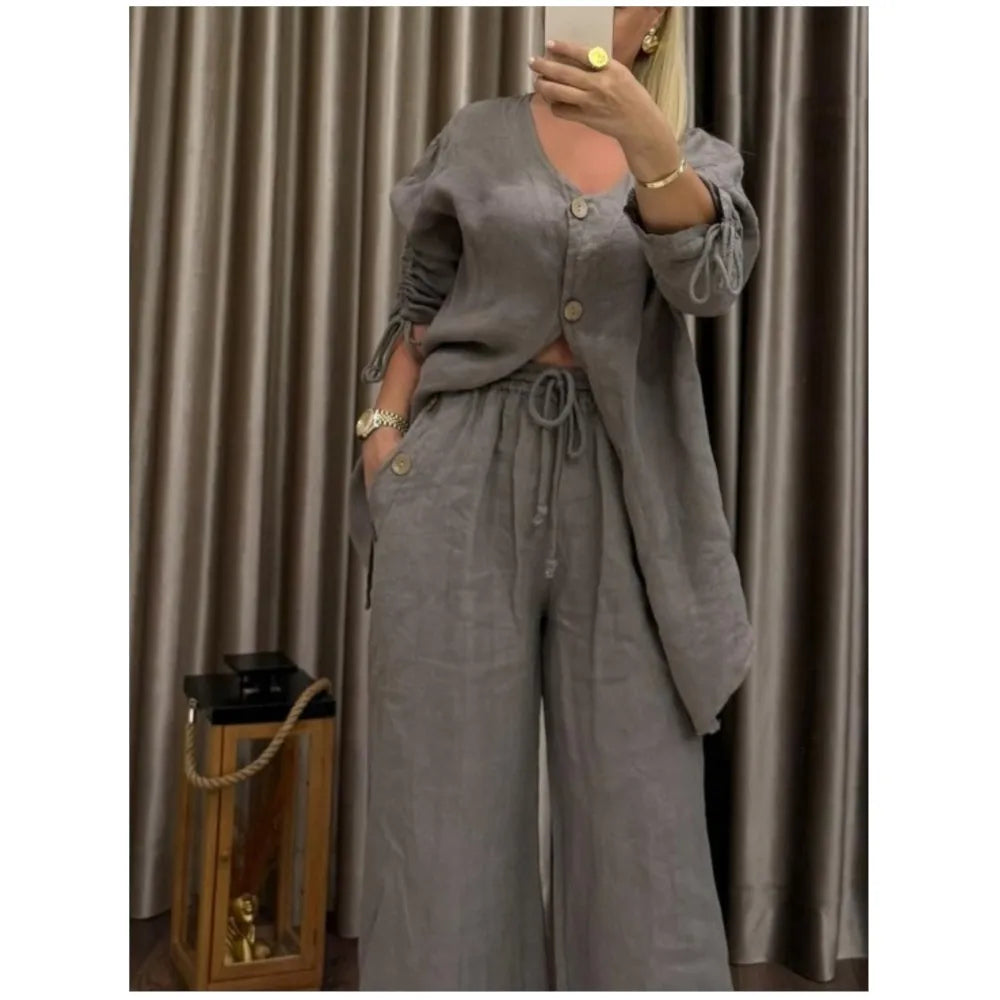 Ensemble Femme 2 Pièces – Cardigan Col V à Boutons & Pantalon Large, Style Décontracté Chic