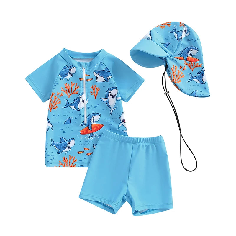 Ensemble maillot de bain été bébé garçon – anti‑UV, haut manches courtes, short et chapeau