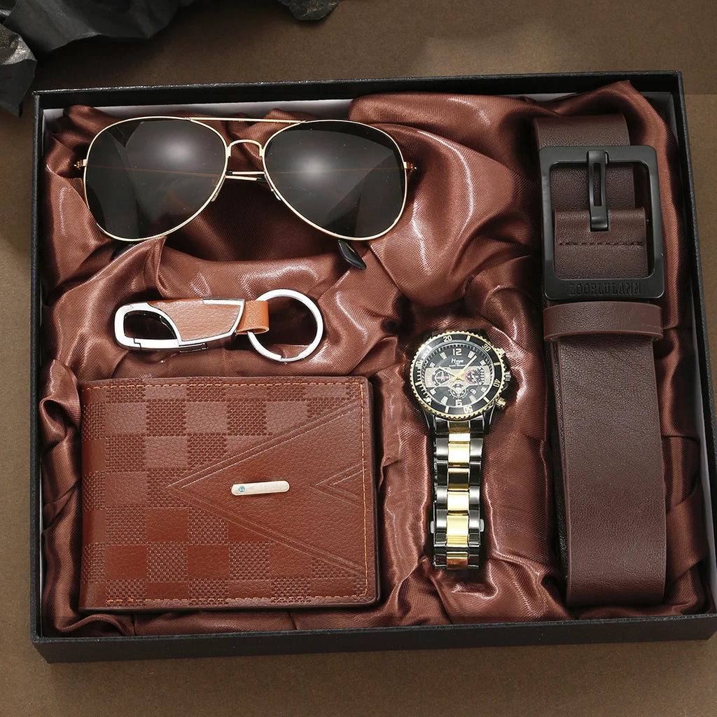 Coffret homme élégant – Montre, accessoires : portefeuille, ceinture, lunettes, porte-clés, tondeuse, cadeau luxe