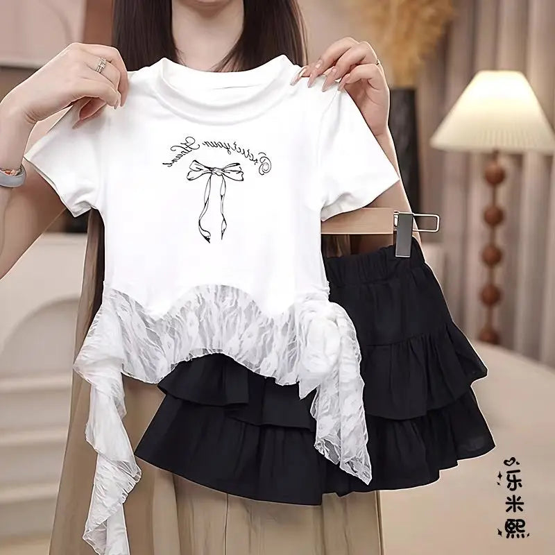 Ensemble été fille 2-10 ans : haut + jupe, costume princesse élégant, nouvelle collection  .