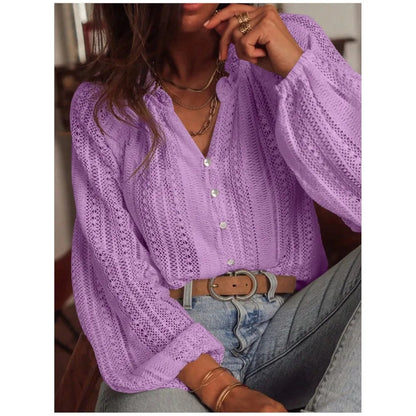 Blouse Chic Femme – Chemise Dentelle Évidée, Col V à Boutons, Manches Longues Élégantes