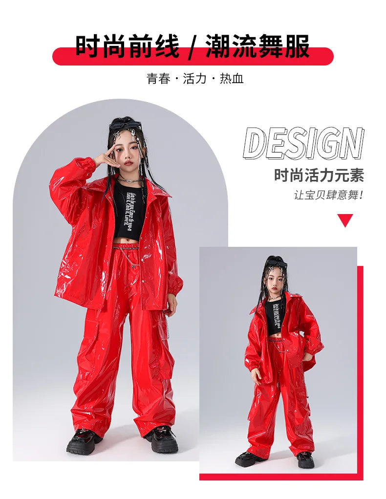 Costume Danse Jazz Garçon Filles, Pantalon Cuir Brillant Rouge, Streetwear Hip Hop Scène .