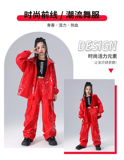 Costume Danse Jazz Garçon Filles, Pantalon Cuir Brillant Rouge, Streetwear Hip Hop Scène .