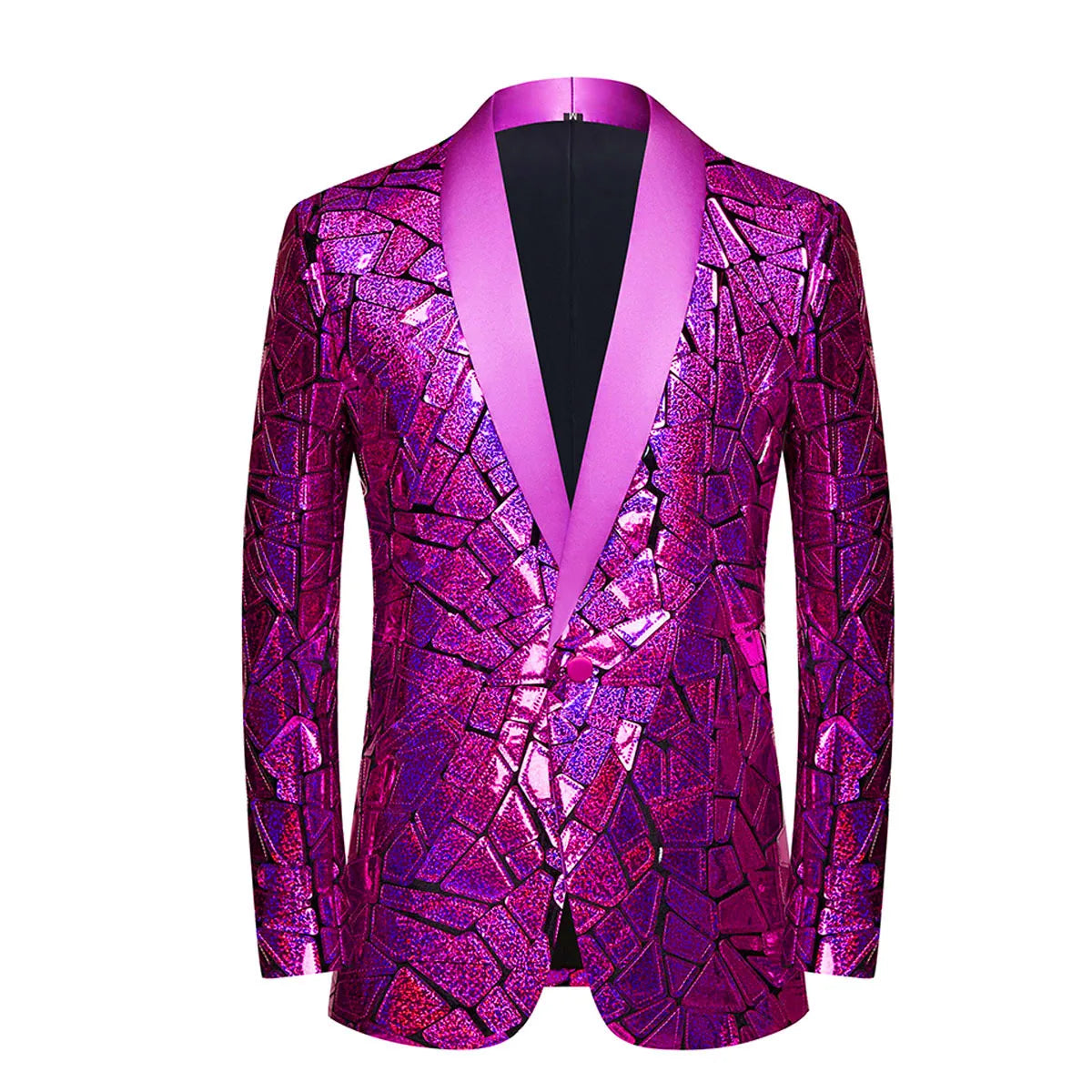 Veste smoking homme luxe paillettes laser, col châle, un bouton, fête et scène.