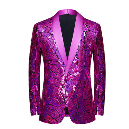 Veste smoking homme luxe paillettes laser, col châle, un bouton, fête et scène.
