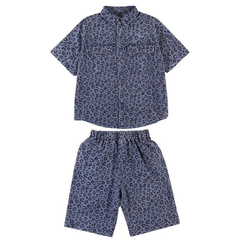Ensemble été garçon 5‑14 ans – léopard, chemise + short denim