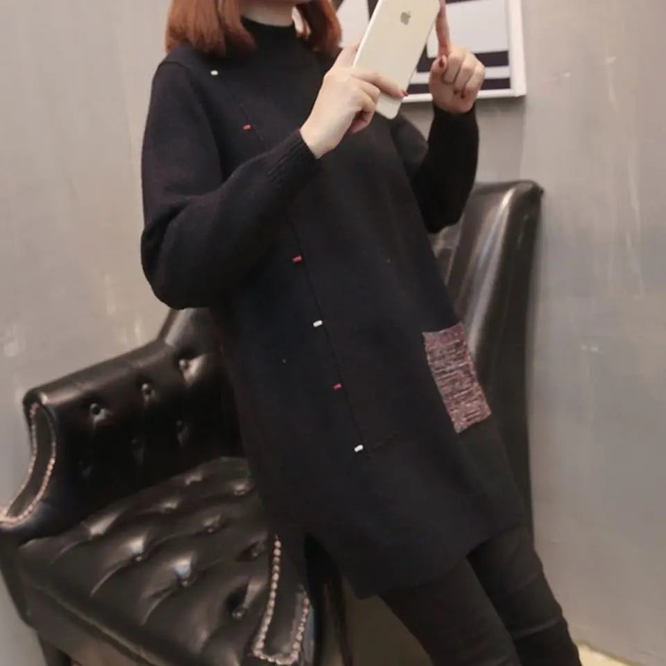 Pull mi-long pour femme, col recommandé, chemise à fond, poche, coréen, automne, hiver