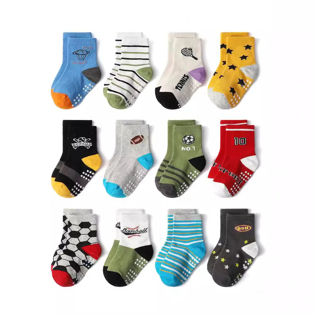 Chaussettes coton enfant/bébé – antidérapantes, respirantes, dessins animés (lot 1‑12 paires)