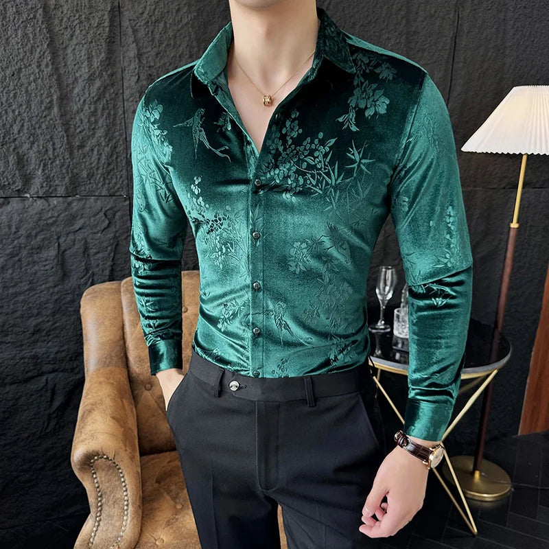 Chemise homme luxe en velours, slim, décontractée pour mariage, anniversaire .