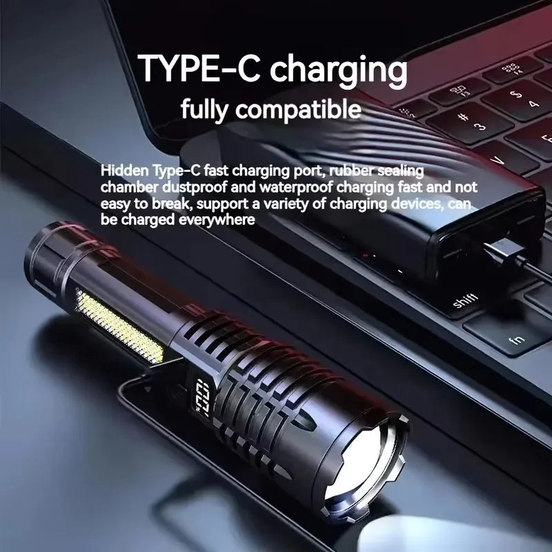 Lampe de Poche LED Haute Puissance 2025 avec Lumière Latérale COB, Rechargeable USB-C, prévision – Idéale pour Camping, Randonnée et Urgences en Plein Air