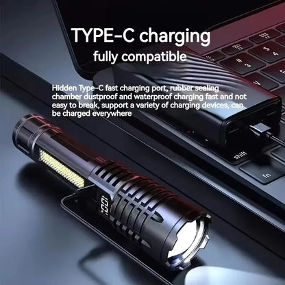 Lampe de Poche LED Haute Puissance 2025 avec Lumière Latérale COB, Rechargeable USB-C, prévision – Idéale pour Camping, Randonnée et Urgences en Plein Air