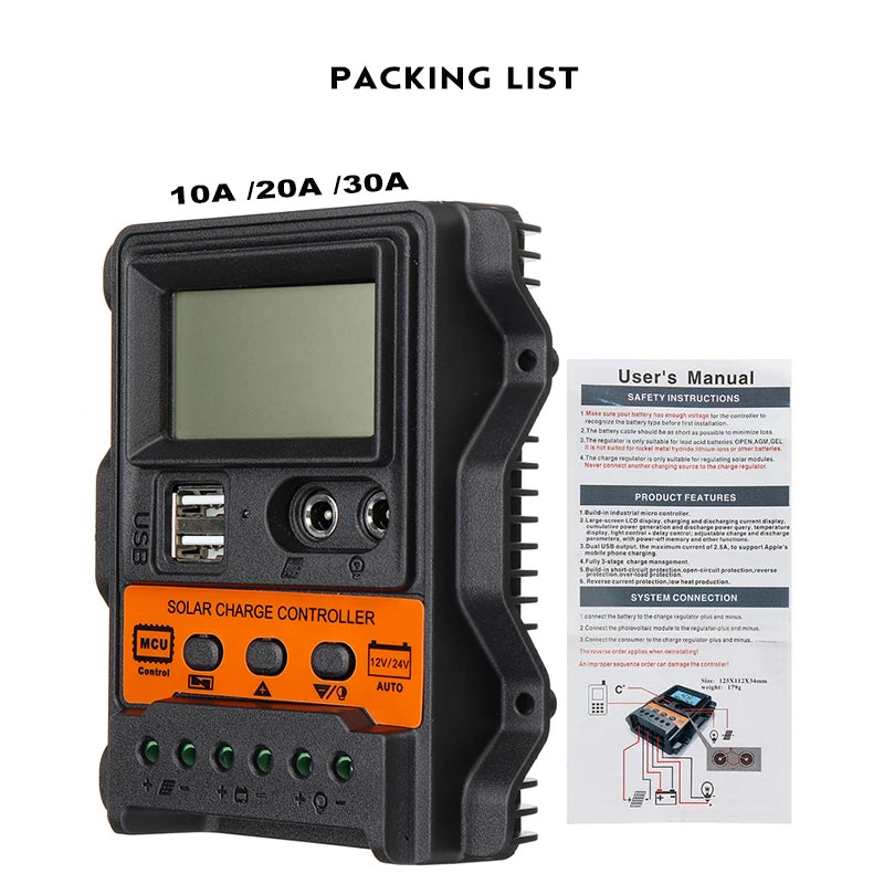 Contrôleur de charge solaire PWM 10A-30A 12V/24V avec écran LCD, USB 5V, Sochi