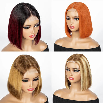 Perruque Bob courte droite colorée – cheveux humains 100%, dentelle 2x6 transparente, densité 250%