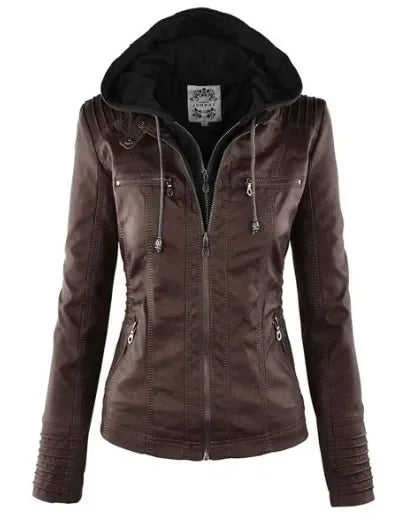 Veste Gothique en Simili Cuir PU pour Femme – Manteau à Capuche Noir, Veste Moto Chaude pour Automne et Hiver, Vêtements d'Extérieur Stylés