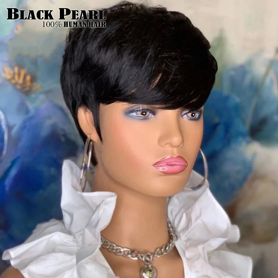 Perruque femme cheveux humains –, courte, raide, frange, Remy, style élégant