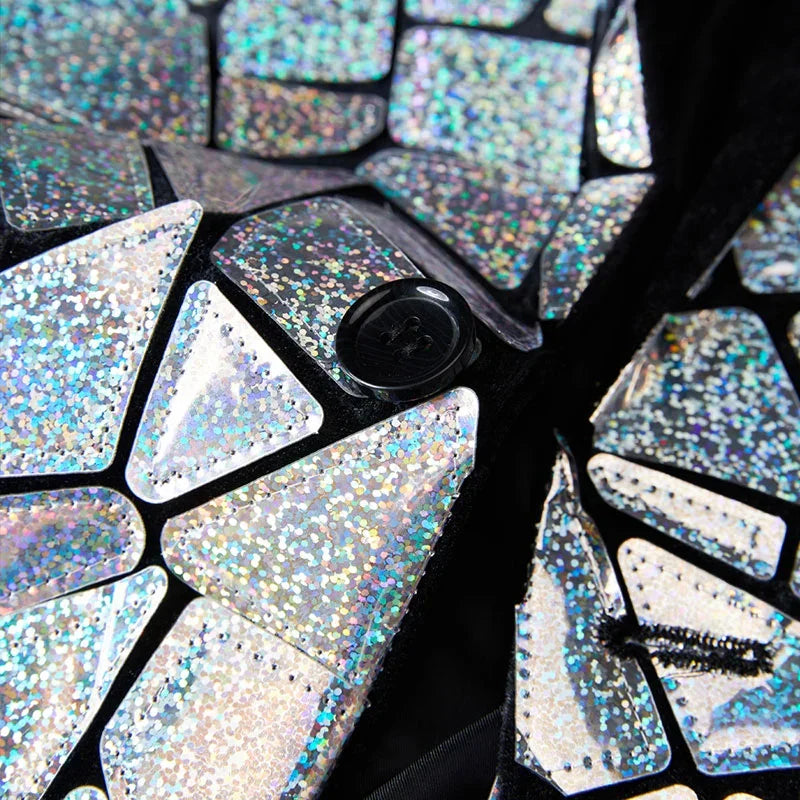 Veste smoking homme luxe paillettes laser, col châle, un bouton, fête et scène.