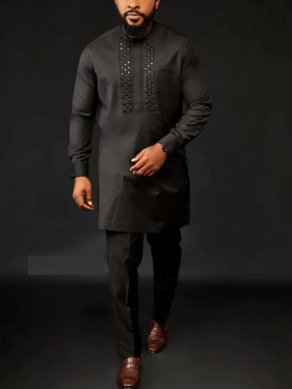 Ensemble africain homme de 2 pièces, chemise manches longues, pantalon, été .