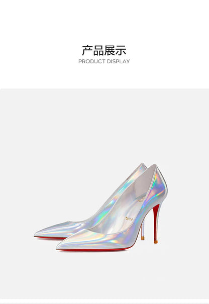 Escarpins femme luxe cuir, talons aiguilles bout pointu, rouge brillant et blanc .