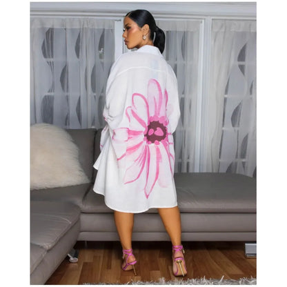 Robe Élégante Femme – Chemise d’Été Imprimée à Revers, Dos Court & Coupe Décontractée Chic