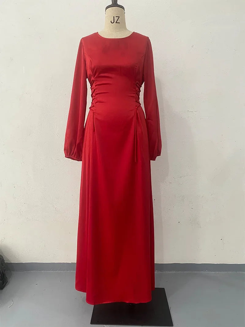 Abaya chic femme – Robe slim à lacets et col rond, style musulman, soirée