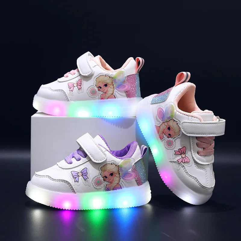 Chaussures LED Elsa princesse pour filles, cuir PU antidérapant, printemps