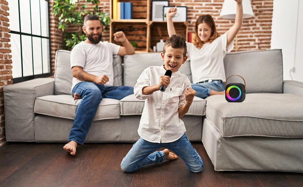 Mini machine karaoké Bluetooth enfants K12, portable avec 2 micros sans fil.