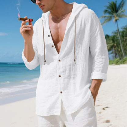 Chemise Homme Lin Ample – Manches Longues, Cardigan Capuche décontractée, Tendance Plage, Automne