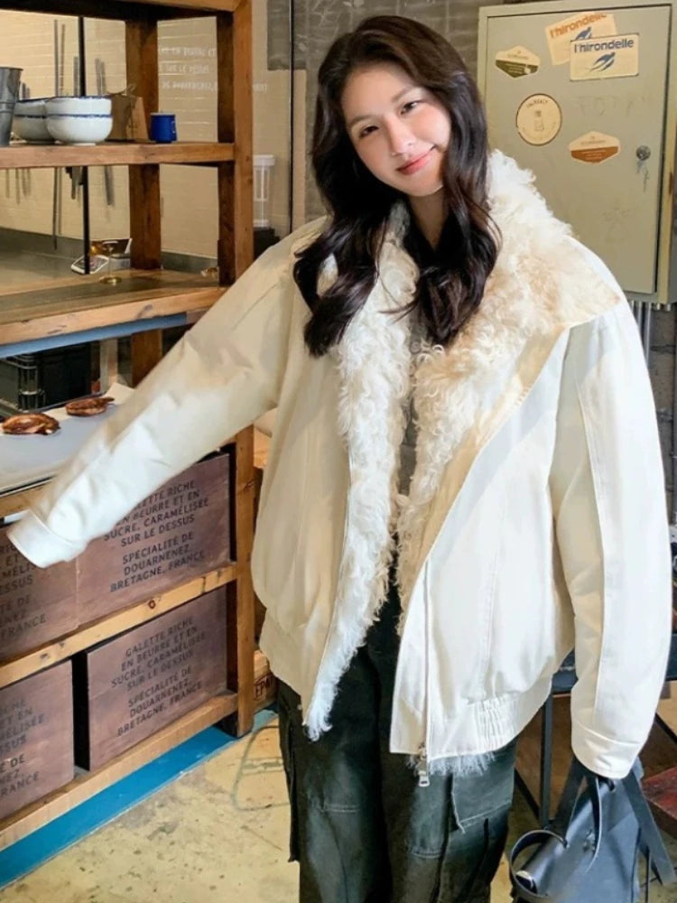 Veste Femme Hiver – Blanc Vintage Col Fourrure Chic