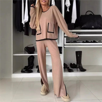 Tenue Décontractée Femme – Ensemble 2 Pièces Y2K, Pull Col Rond & Pantalon Large Élégant
