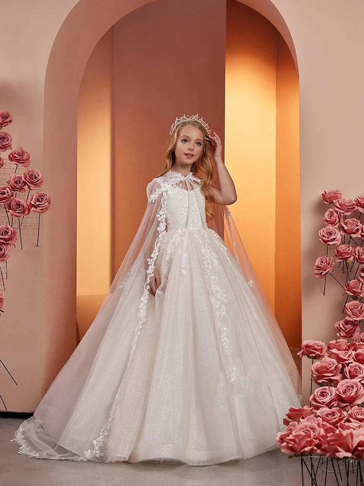 Robe demoiselle d'honneur tulle dentelle avec cape – mariage, communion, anniversaire, élégante princesse