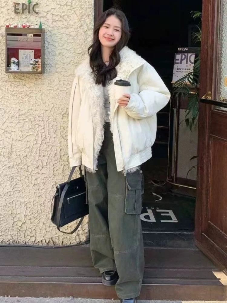 Veste Femme Hiver – Blanc Vintage Col Fourrure Chic