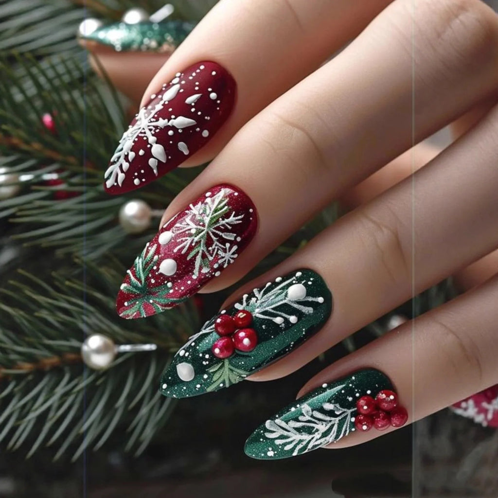 24 ongles pressés mi-longs poudre flocon neige rouge réutilisables